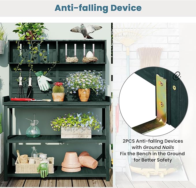 65" Large Farmhouse Potting Benches for Outside, Garden Potting Table with 4 Storage Shelves, Garden Bench with 3 Side Hooks, Patio Workstation Garden Storage Bench (Forest Green, 65")
