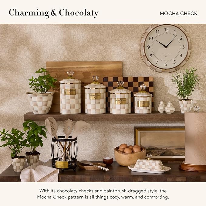 MACKENZIE-CHILDS Enamel Herb Pots, Small Plant Pots for Herbs or Flowers, Set of 3, Brown-and-White Mocha Check