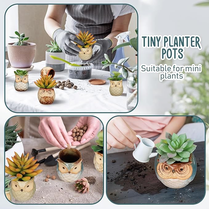 Nitial 24 Pack Owl Succulent Plant Pots Mini Small Ceramic Pots with Drainage Hole Cute Planters for Plants, Plants Not Included, Home Office Desk Garden Gift Ideas, 2 Size