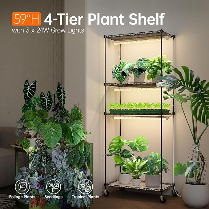Bstrip Plant Shelf with Grow Light, 4-Tier Plant Stand with Grow Light, 72W T8 2FT Full Spectrum Grow Light Shelf & Timer for Indoor Plants Seed Starting, Winter to Spring Transition, 23.5"x13.8"x59"