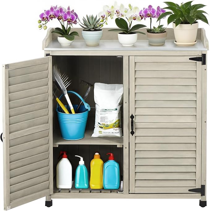 Gray Outdoor Potting Bench with Metal Work Top & Vented Louvered Doors,Waterproof Garden Storage Cabinet,Wooden Tool Station Shed for Backyard,Patio,Lawn Gardening