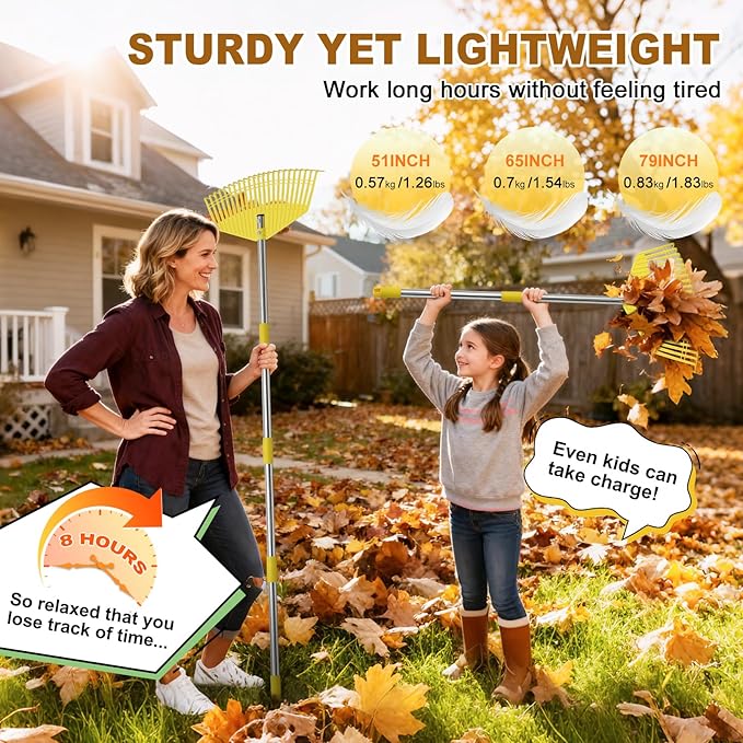 Leaf Rake - 17" Wide Nylon Plastic Head,65" Adjustable Handle,Heavy Duty for Leaves,Grass,Pine Needle,Mulch, Small Debris,Lawn-Friendly Tines,Lightweight for Women,Seniors & Kids