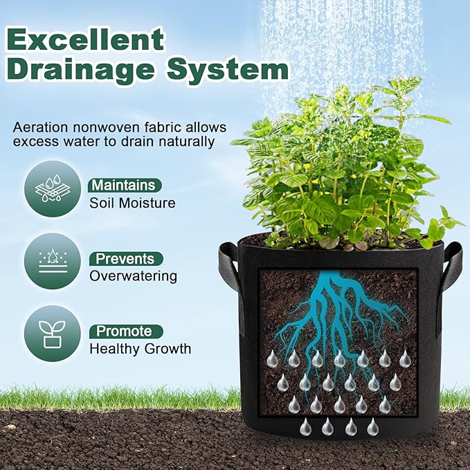 5 Pack 3 Gallon Fabric Grow Bags, Heavy Duty 300G Thickened Aeration Nonwoven Fabric Garden Pots with Handles, Planting Bag for Tomato, Potato, Strawberry, Vegetable, Fruits and Flowers
