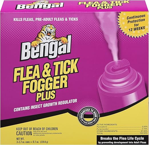 Bengal Flea and Tick Fogger Plus – 3 Pk Odorless Spray Treatment for Home Infestations – 12 Week Insect Killer, 3x2.7 oz