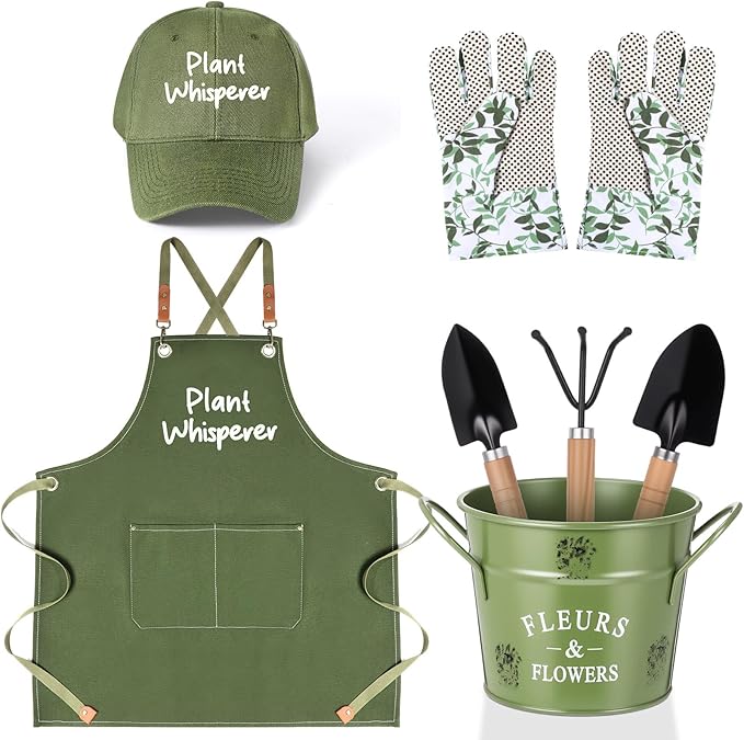 Tarpop Garden Tool Set Christmas Plant Whisperer Gardening Gifts for Women, 7 Pcs Vegetable Planting Tool Kit Cap Canvas Apron Gloves Soil Scoop Transplant Trowel Cultivator Flower Tub(Green)