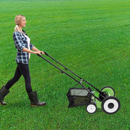 16 Inch Manual Lawn Mower, 5 Blade Push Reel Lawn Mower with Detachable Grass Catcher, 9-Position Adjustable Cutting Height Self-Propelled Lawn Mower, 4 Wheels, Green, Black