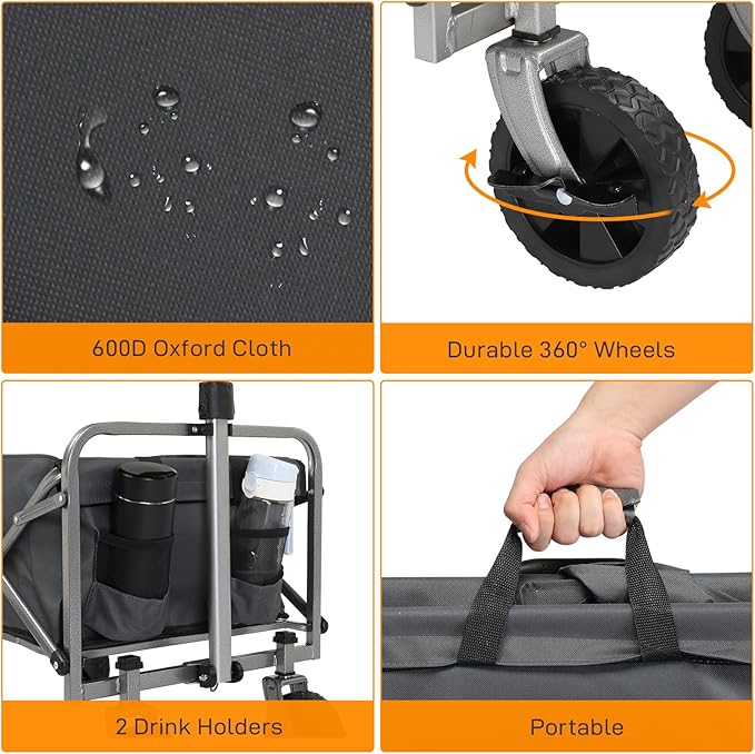 Collapsible Foldable Wagon with 220lbs Weight Capacity,Heavy Duty Folding Utility Garden Cart with All-Terrain Beach Wheels & Drink Holders for Grocery Outdoor Beach Gardening Shopping (Grey)