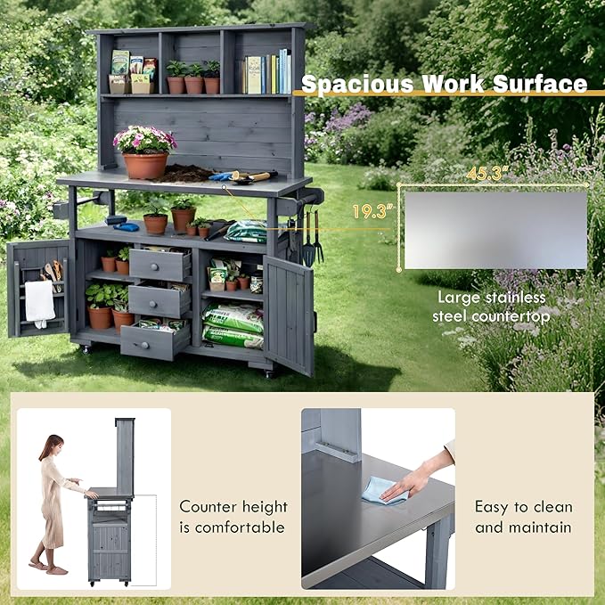 65''H Large Garden Storage Potting Bench with Lockable Wheels, Wood Outdoor Kitchen Island with Stainless Steel top, Drawers, Door Shelves and Hutch (Gray-Wheels)