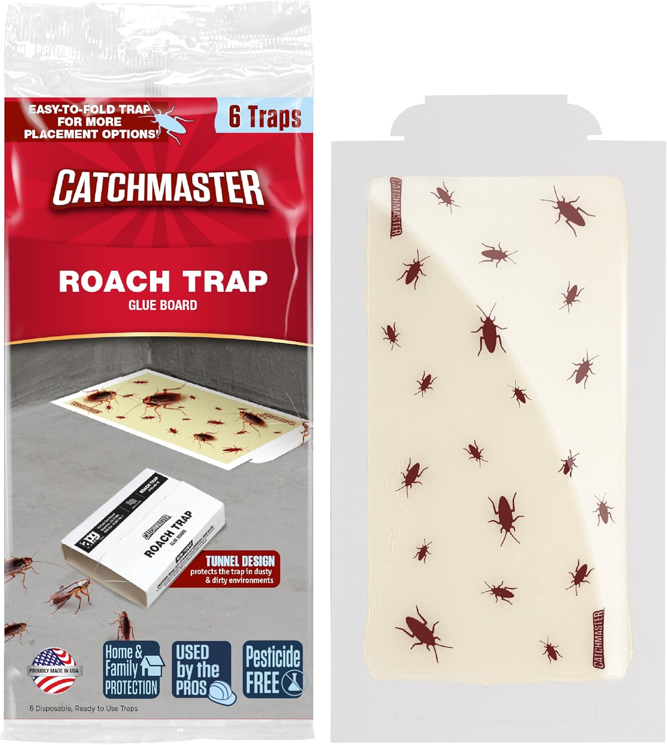 Catchmaster Cockroach Trap with Powerful Food-Based Bait – Glue Traps (10-Pk) Roach Killer for House – Kitchen, Bathroom & Garage, Indoor Pest Control and Bug Catcher Solution