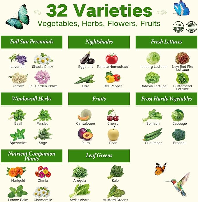 USDA Zone 8 Heirloom Seed Bank, 30,000+ Non-GMO 32 Varieties of Seeds for Planting Vegetables Herbs, Survival Seed Kit for Raised Garden Bed Greenhouse, Gardening Gifts for Mom Women Men