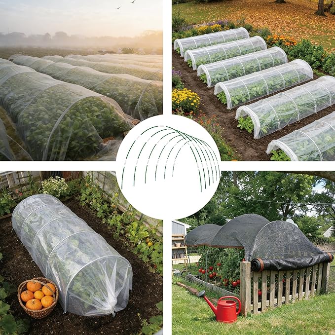 60PCS Garden Hoops for Raised Beds, 8FT Rust-Free Fiberglass Greenhouse Hoops, DIY Frame Stake to Create Grow Tunnels, Plant Support Row Covers & Garden Netting, 40Pcs Clips