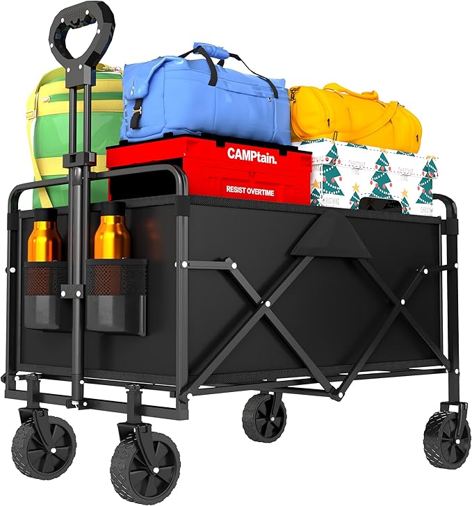 Collapsible Wagon Cart- 380LBS,Folding Beach Utility Wagon,Portable Utility Grocery Cart for Beach, Camping, Garden, Shopping, Transport