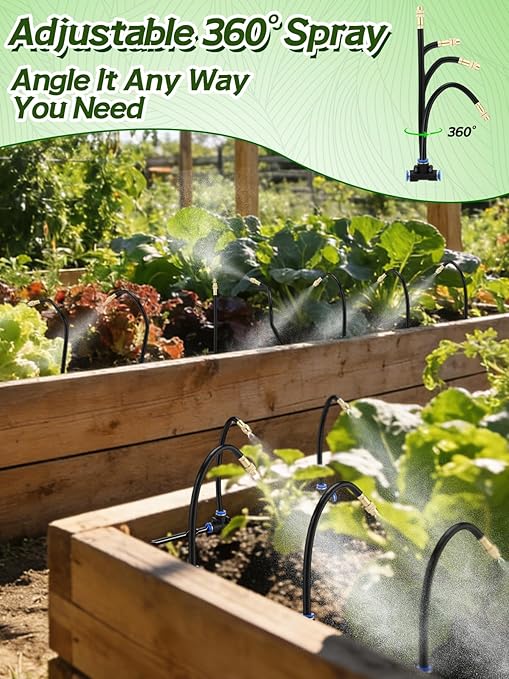 49ft Drip Irrigation System Kit - Includes 15pcs 360° Adjustable Sprayers, 5/16" PE Tubing, 1/2" & 3/4" Faucet Adapters, Automatic Garden Watering Sprinkler System for Raised Bed Plants Lawn