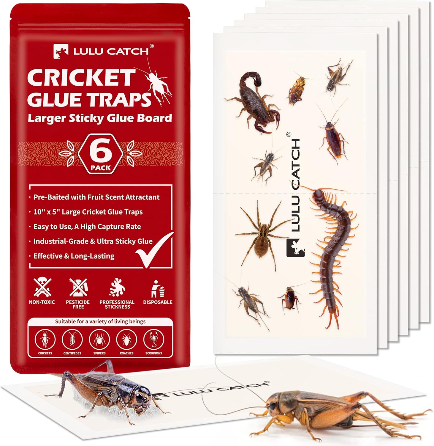 LULUCATCH Cricket & Insect Glue Traps 24 Pack, Adhesive Bug Catcher, Pre-Baited Spider Scorpion Trap, Non-Toxic Glue Boards Indoor for Home Catching Bugs,Small Mice & Rodents, Pet Safe Pest Control