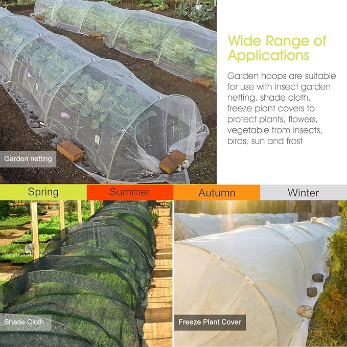 60 PCS Garden Hoops for Raised Beds, Rifny 10 Sets Greenhouse Hoops Kit of 8 FT Long Grow Tunnel, Rust-Free Fiberglass Garden Support Poles for Insect Mesh Netting Freeze Plant Cover (Green)