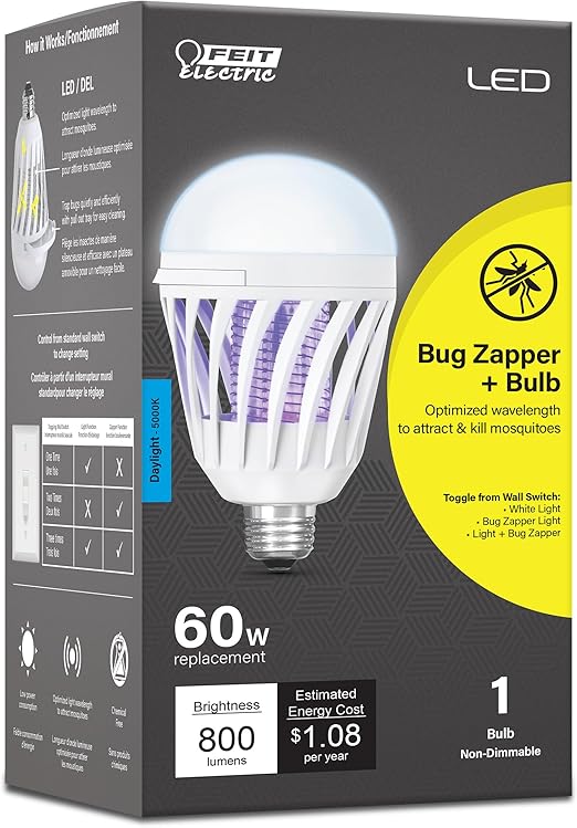 Feit Electric LED Bug Zapper Light Bulb, 60W Replacement, E26 Base, 700 Lumen, 2in1 Light Bulb and Zapper, 5000K Daylight, 15,000-Hour Lifetime, C60/950CA/BZ/LED