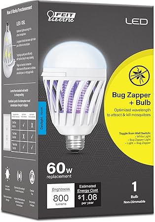 Feit Electric LED Bug Zapper Light Bulb, 60W Replacement, E26 Base, 700 Lumen, 2in1 Light Bulb and Zapper, 5000K Daylight, 15,000-Hour Lifetime, C60/950CA/BZ/LED