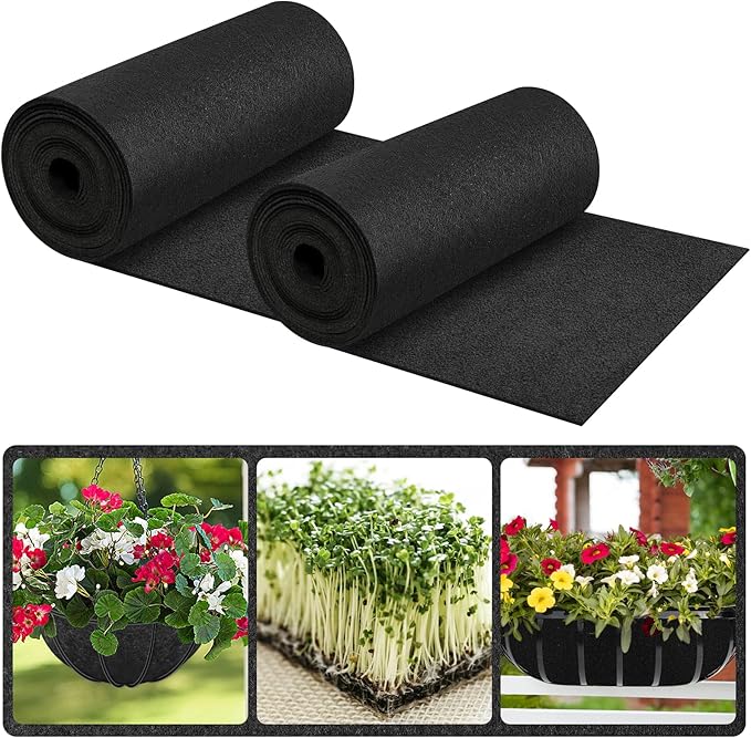 Riare 16x80 Inch Black Felt Planter Liner Roll- 2 Rolls Non-Woven Fabric Planter Liner for Outdoor Plants, Coco Liner Roll Alternative Basket Planter Liner for Planters Hanging Basket Window Box