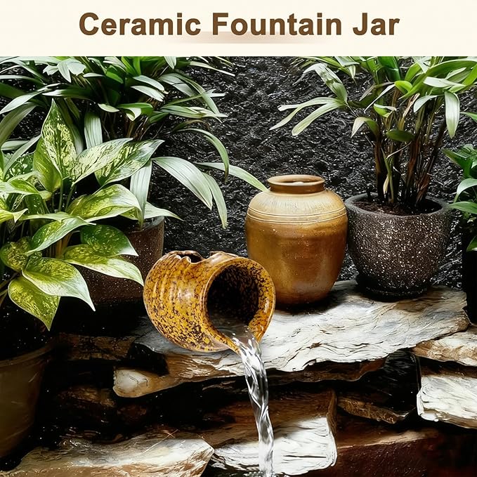 Ceramic Garden Fountain Spitter, Clay Pot Ecological Tank for Pond/Backyard Water Feature/Cave Waterfall/Landscaping, DIY Water Flow Jar Hydroponic Vase [5.5in, Iridescent Yellow]
