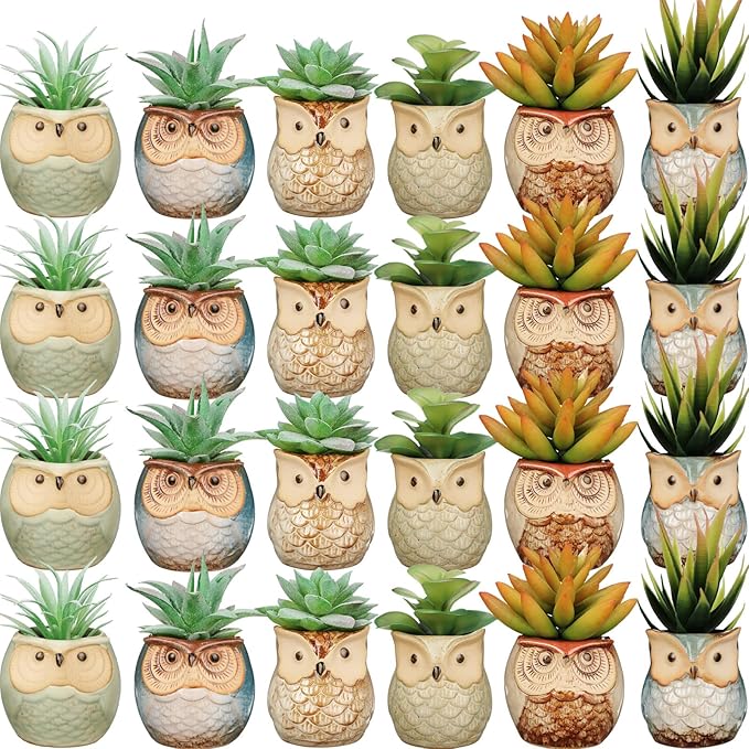 Nitial 24 Pack Owl Succulent Plant Pots Mini Small Ceramic Pots with Drainage Hole Cute Planters for Plants, Plants Not Included, Home Office Desk Garden Gift Ideas, 2 Size