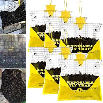 Glovv Fly Traps Outdoor Hanging with Bait, 6 Pack Disposable Flies Bags Hunter Ranch Trap, Control Bug Catcher Killer Repellent for Stable Horse Barn & Farm