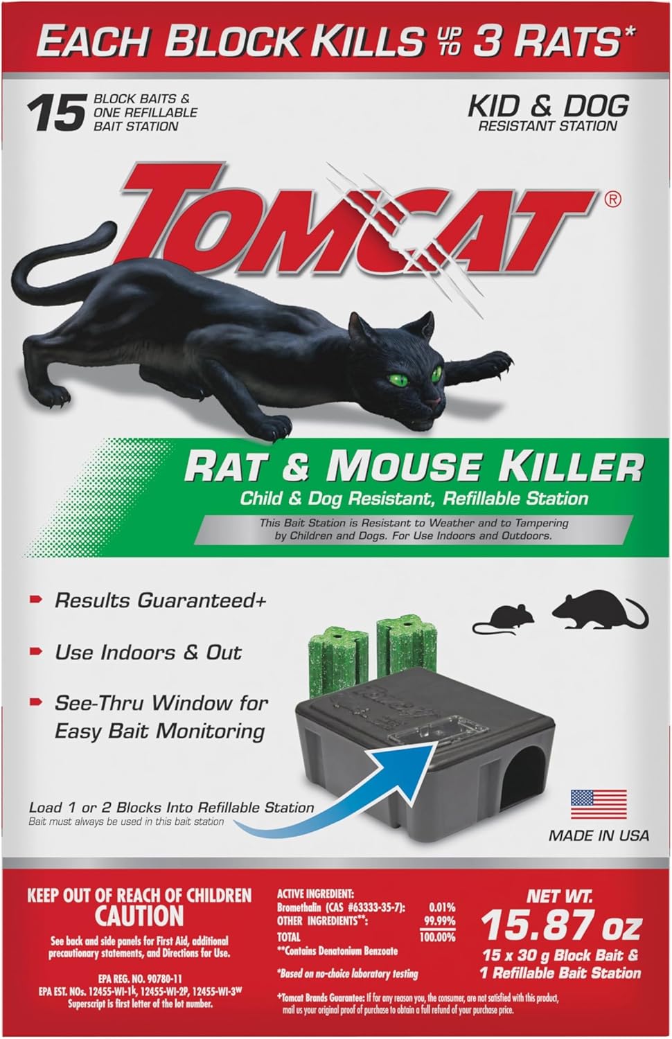 Tomcat Rat & Mouse Killer, Child & Dog Resistant Refillable Station — Tamper-Resistant Indoor/Outdoor Bait Station with Clear Monitoring Window, 1 Station and 15 Bait Blocks