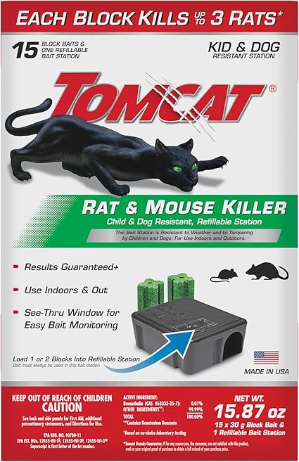 Tomcat Rat & Mouse Killer, Child & Dog Resistant Refillable Station — Tamper-Resistant Indoor/Outdoor Bait Station with Clear Monitoring Window, 1 Station and 15 Bait Blocks
