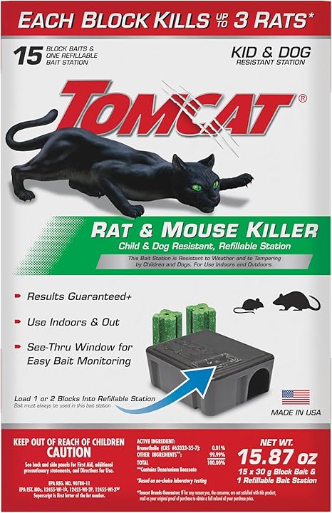 Tomcat Rat & Mouse Killer, Child & Dog Resistant Refillable Station — Tamper-Resistant Indoor/Outdoor Bait Station with Clear Monitoring Window, 1 Station and 15 Bait Blocks