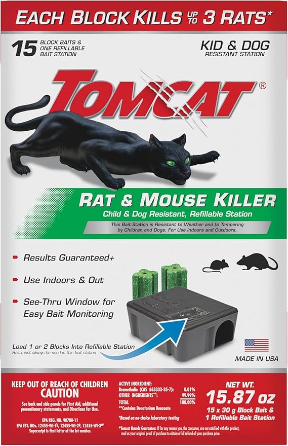 Tomcat Rat & Mouse Killer, Child & Dog Resistant Refillable Station — Tamper-Resistant Indoor/Outdoor Bait Station with Clear Monitoring Window, 1 Station and 15 Bait Blocks