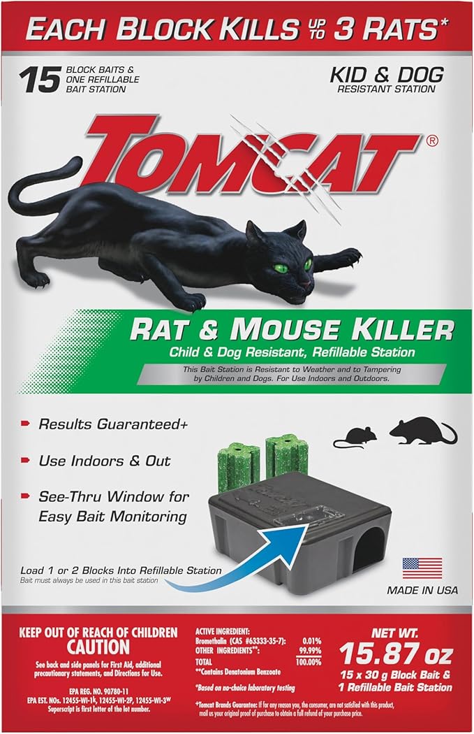 Tomcat Rat & Mouse Killer, Child & Dog Resistant Refillable Station — Tamper-Resistant Indoor/Outdoor Bait Station with Clear Monitoring Window, 1 Station and 15 Bait Blocks