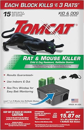 Tomcat Rat & Mouse Killer, Child & Dog Resistant Refillable Station — Tamper-Resistant Indoor/Outdoor Bait Station with Clear Monitoring Window, 1 Station and 15 Bait Blocks