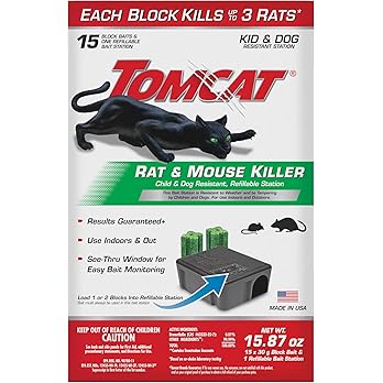 Tomcat Rat & Mouse Killer, Child & Dog Resistant Refillable Station — Tamper-Resistant Indoor/Outdoor Bait Station with Clear Monitoring Window, 1 Station and 15 Bait Blocks