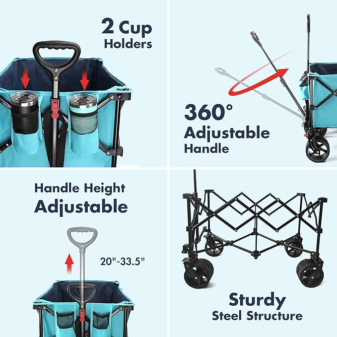 VILLEY Collapsible Folding Wagon with Big Wheels, All Terrain Beach Wagon Cart Heavy Duty Foldable, Enlarged 225lbs Capacity, Portable Utility Garden Cart with 2 Cup Holders and Brake, Blue