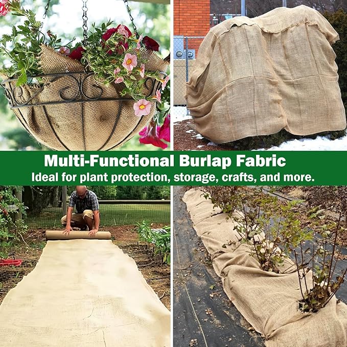 60" x 100 feet Burlap Fabric Roll – Multipurpose Burlap Tree Wrap, Natural Jute Garden Fabric for Outdoor Plant Cover, Weed Barrier Cloth, Landscaping, DIY Crafts, Gardening & Rustic Party Decor
