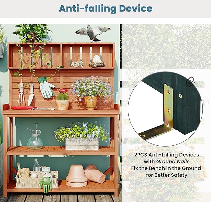 65" Large Wooden Farmhouse Rustic Outdoor Potting Bench Table, Patio Workstation, Garden with 4 Storage Shelves and Side Hook,Natural