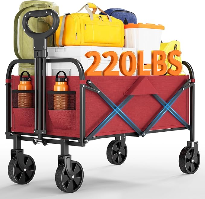 Wagons Carts Foldable, Garvee Utility Collapsible Wagon with All-Terrain Wheels, Drink Holders & Adjustable Handle, 220 LBS Portable Grocery Wagon for Shopping, Camping, Garden -Red