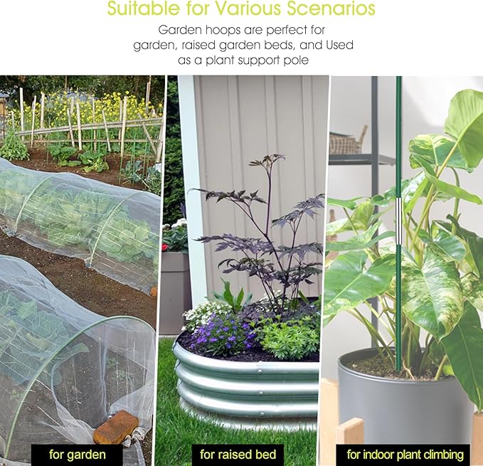 RIFNY 72 PCS Garden Hoops for Raised Beds, 12 Sets Greenhouse Hoops Kit of 8 FT Long Grow Tunnel, Rust-Free Fiberglass Garden Support Poles for Insect Mesh Netting Freeze Plant Cover (Green)