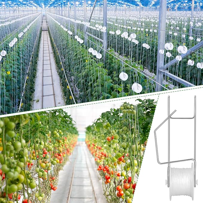 10 Pack Tomato Roller Hooks with 49.2FT String,Tomato Roller Hooks for Greenhouse,Plant,Flower Vine Crop Trellis Kit