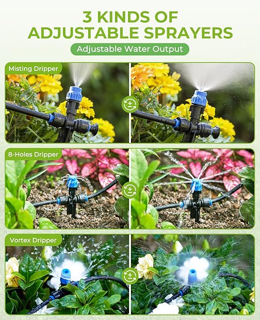 HIRALIY 128FT Drip Irrigation System, Quick Connector Garden Watering Automatic Sprinkler Kit for Lawn Raised Bed Greenhouse Misting System with 3 Kinds Dripper, Adjustable Nozzle
