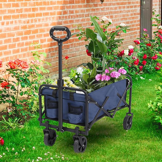 Collapsible Foldable Wagon with 220lbs Weight Capacity,Heavy Duty Folding Utility Garden Cart with All-Terrain Beach Wheels & Drink Holders for Grocery Outdoor Beach Gardening Shopping (Blue)