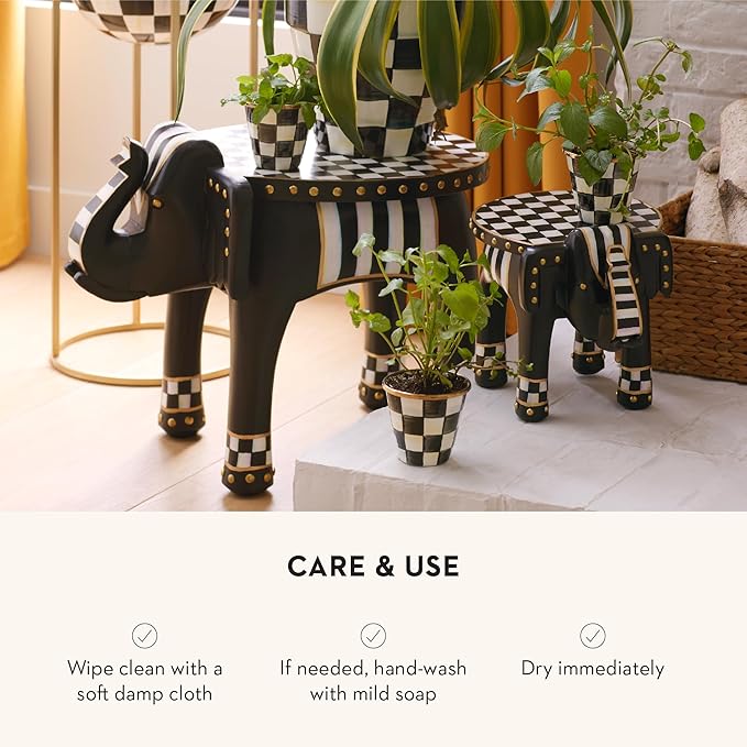 MACKENZIE-CHILDS Enamel Herb Pots, Small Plant Pots for Herbs or Flowers, Set of 3, Black-and-White Courtly Check