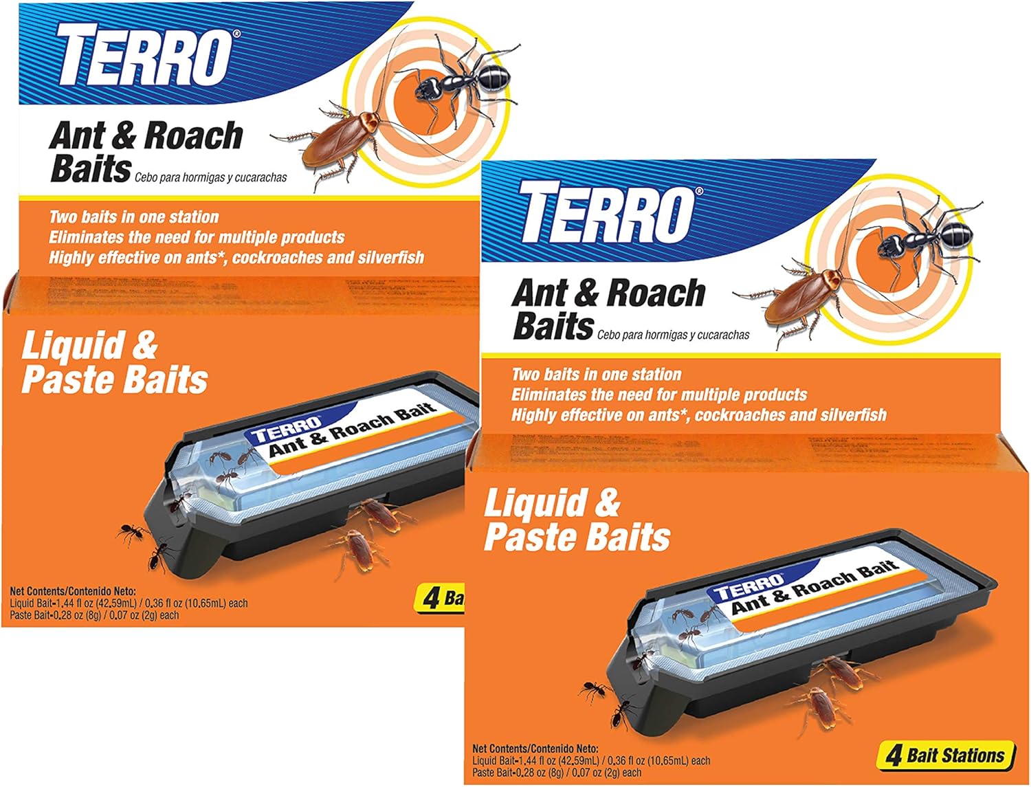 TERRO Ant & Roach Bait - Indoor Ant Killer and Roach Killer - 4 Bait Stations - Attracts and Kills Ants, Roaches, and Silverfish - T360