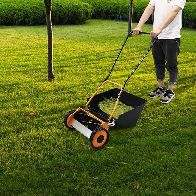 16 Inch Manual Push Lawn Mower, Freestanding 5-Edged Blades Push Lawn Sweeper with Grass Collecting Box, Adjustable Mowing Height 2-in-1 Wheeled Manual Lawnmower for Backyard Grassland
