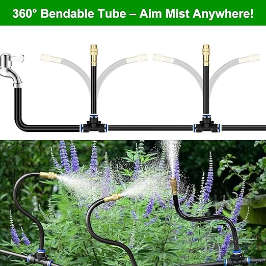 40FT Drip Irrigation System for Garden – Automatic Watering Kit with Solid Brass Metal Connectors, 360° Bendable Tubing & 14 Adjustable Nozzles for Greenhouse, Lawn, Yard & Plants