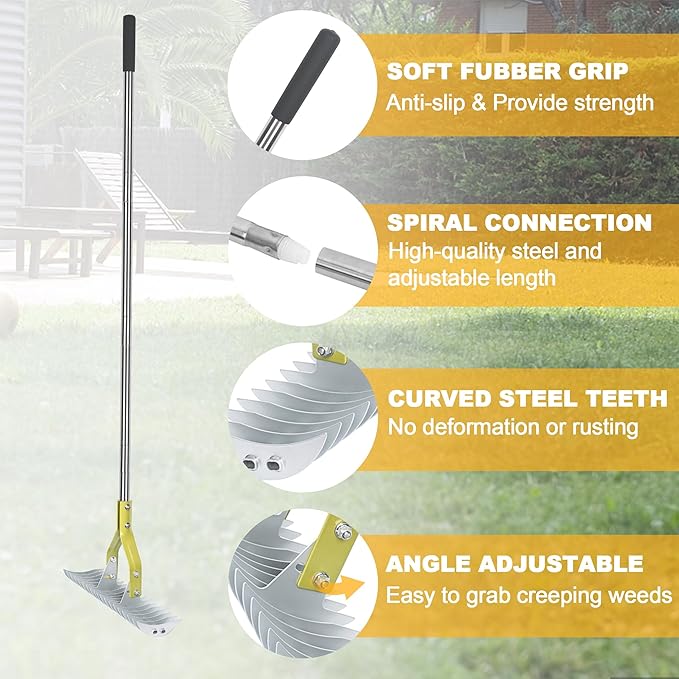 Thatching Rake 15-Inch Wide for Cleaning Dead Grass Efficient Steel Metal Grass Rake with Stainless Steel Handle Lawn loosening Soil 58.5-Inch Length