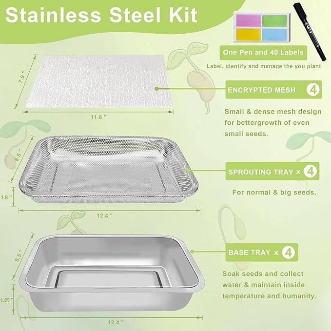Stainless Steel Sprouts Growing Kit 4-Tier 12.4 inch Trays, Microgreens Growing Kit, Seed Sprouting Tray with Encrypted Mesh Sprouts for Beans Alfalfa Broccoli Wheat Grass