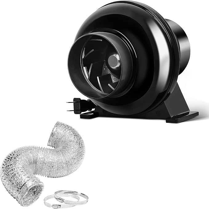 HealSmart 4 Inch 195 CFM Exhaust Inline Vent Booster Blower and 8 Feet Non-Insulated Flex Air Aluminum Foil 2 Clamps for Indoor Grow Tent Hydroponics Ventilation, Quiet, Fan+Ducting