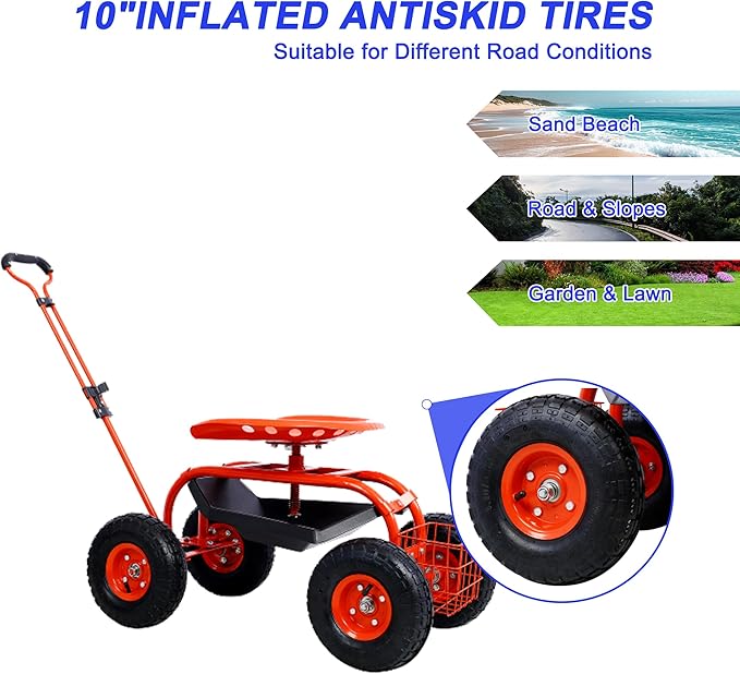 Heavy Duty Garden Cart Rolling Scooter with Adjustable Swivel Seat, 360° Rotation, 10" Pneumatic Tires, Extendable Steering Handle & Tool Basket – Outdoor Yard Gardening Seat with Storage Tray (Red)