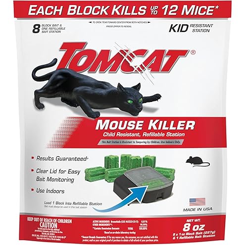 Tomcat Rat & Mouse Killer, Child & Dog Resistant Refillable Station — Tamper-Resistant Indoor/Outdoor Bait Station with Clear Monitoring Window, 1 Station and 15 Bait Blocks