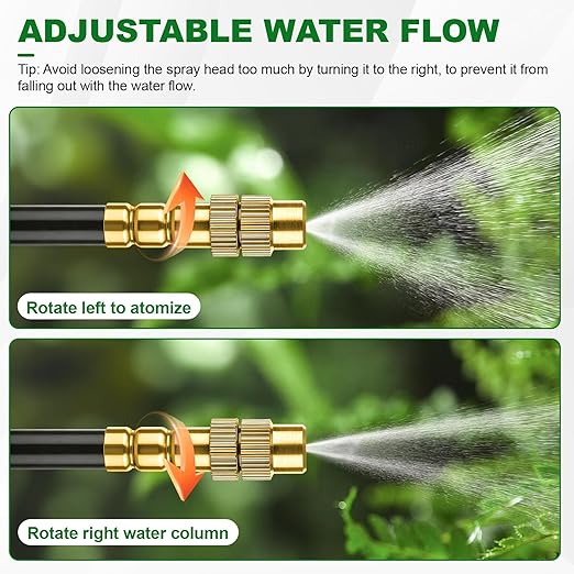 Drip Irrigation System 50FT, 1/4 inch Hose Garden Irrigation Kit with 15pcs 360° Adjustable Copper Nozzles, Upgrade Atomizing Watering System for Yard, Plants, Lawn, Greenhouses Accessories